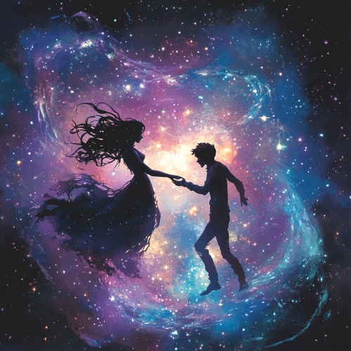 Cosmic Lovers Embrace in Sparkling Space Galactic Setting