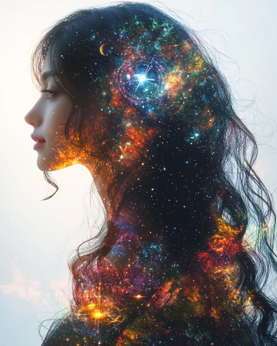 Cosmic Woman: Graceful Beauty Among Celestial Universe