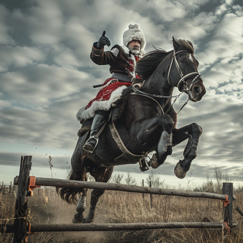 Cossack rider jumps over hurdle with sword on horse.