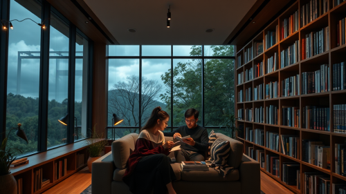 Couple Reading in Cozy Japapi Style Home Library