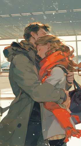 Couple hugging at airport, faces full of love.