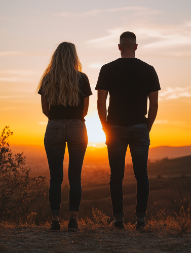 Couple in black shoes watching sunset, natural tones.