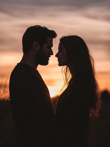 Couple in front of sunset, realistic portrait shot.