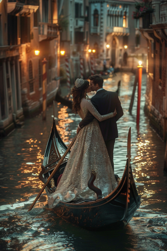 Couple in gondola, water reflecting lights, gazing affectionately.
