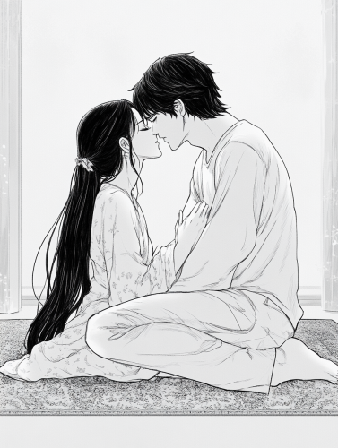 Couple kissing on carpet, woman in pigtails.