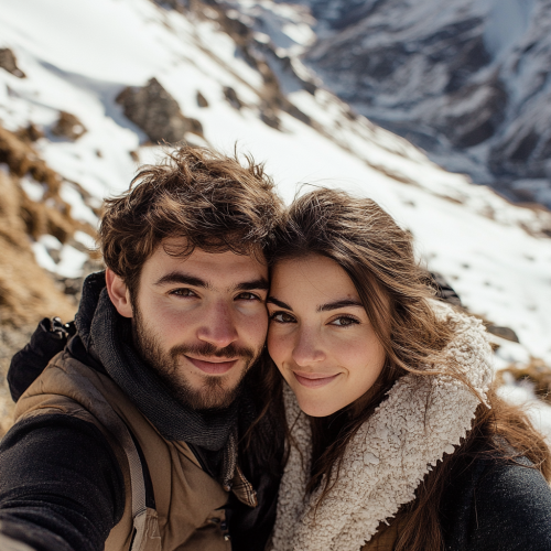 Couple taking mountain selfie with emotive faces, specialist. Couple taking mountain selfie with emotive faces, specialist.