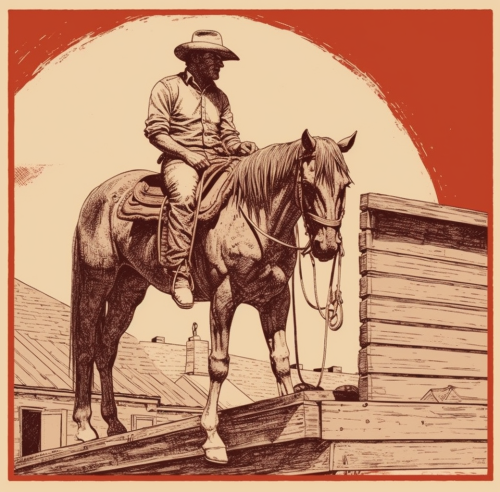 Cowboy sitting with horse on roof, vintage style.