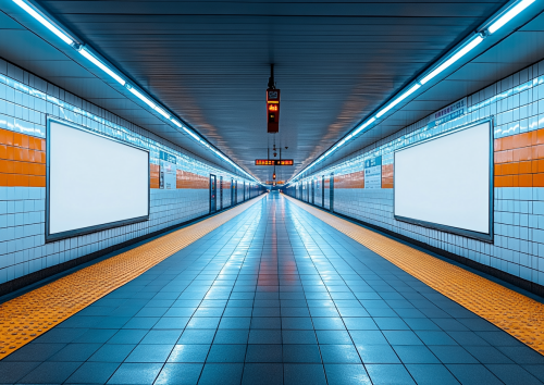 Cozy, clean underground station with big white board.