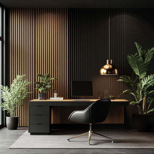 Cozy, professional office with warm lighting and plants