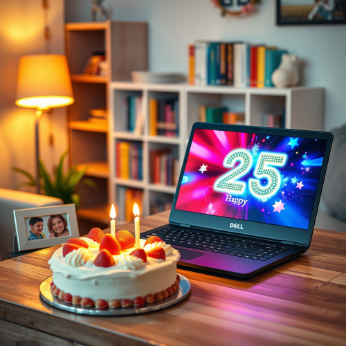 Cozy 25th Birthday Celebration with Laptop and Cake