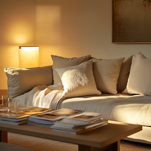 Cozy American living room with beige couch