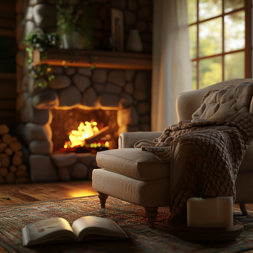 Cozy American living room with fireplace and armchair