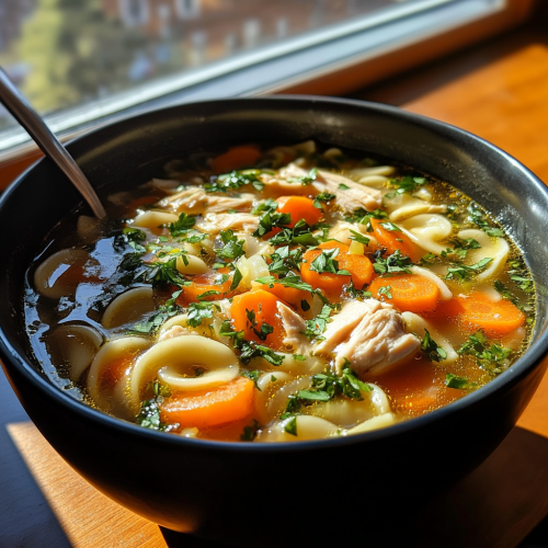 Cozy Chicken Noodle Soup in Black Bowl
