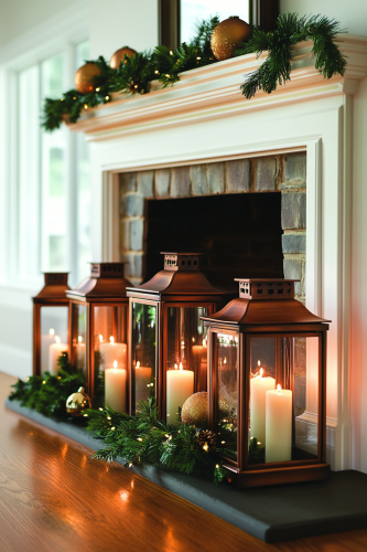 Cozy Christmas Fireplace with Lantern Glow. Cozy Christmas Fireplace with Lantern Glow.