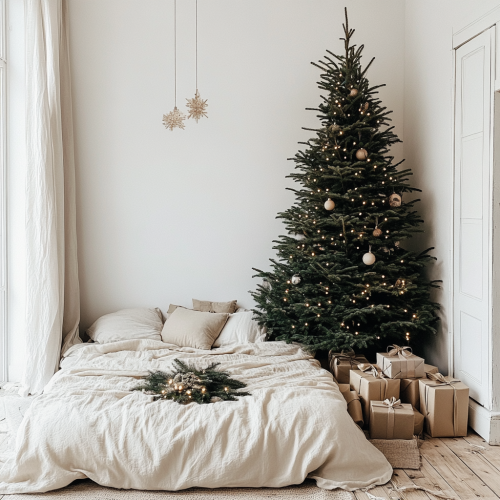 Cozy Christmas Room with Tree, Gifts, Bed