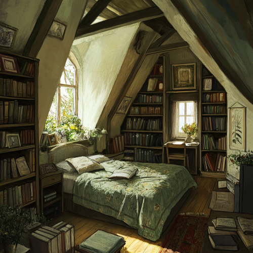Cozy French-inspired dorm room with books and desk