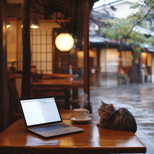 Cozy Ghibli-inspired café in Kyoto with Munchkin cat. Cozy Ghibli-inspired café in Kyoto with Munchkin cat.