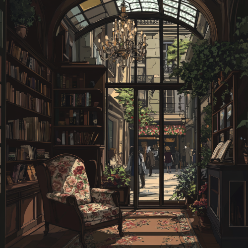 Cozy Parisian interior overlooking bustling vintage shopping arcade. Cozy Parisian interior overlooking bustling vintage shopping arcade.