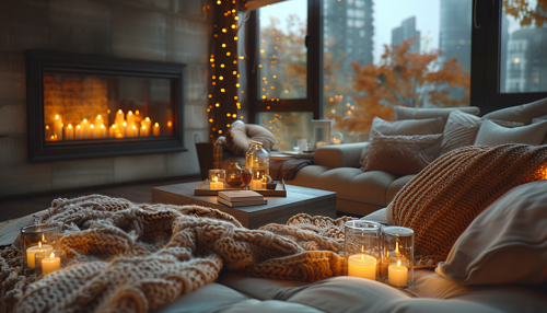 Cozy apartment with fireplace, candles, and rain outside