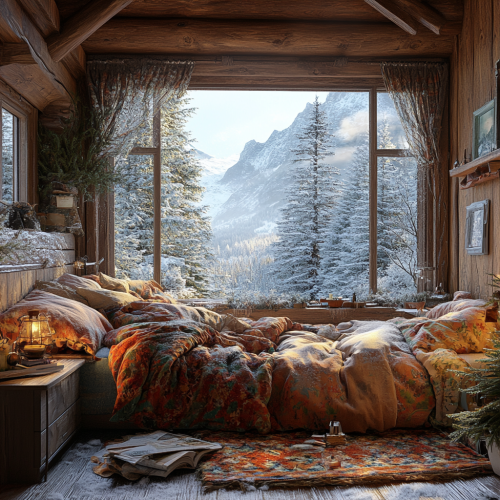 Cozy bedroom in cabin with snowy view