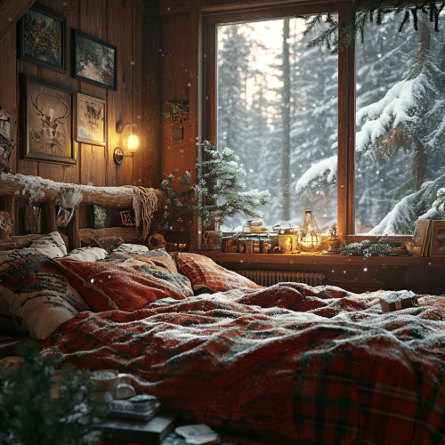 Cozy bedroom in snowy forest cabin