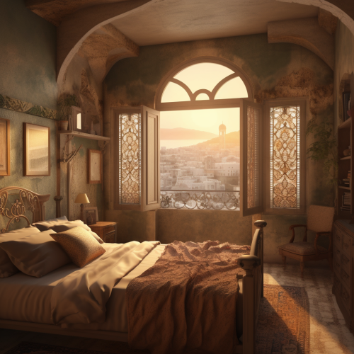 Cozy bedroom with coastal city view in Mediterranean light.