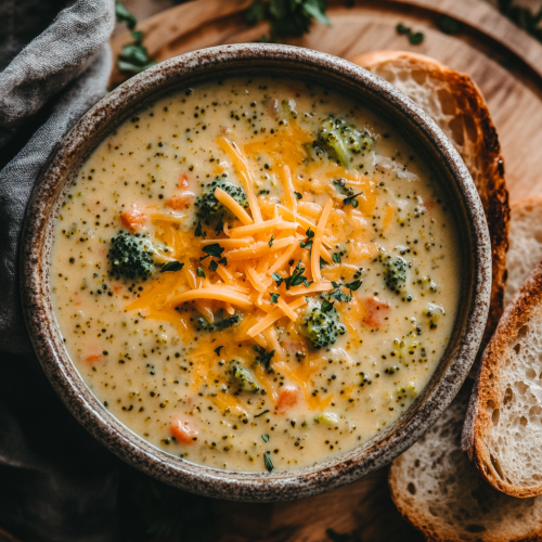 Cozy bowl of broccoli cheddar soup with bread