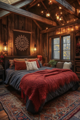 Cozy cabin bedroom with luxury bed and woodland decor.