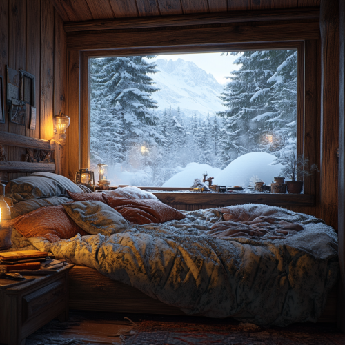 Cozy cabin bedroom with snow view outside Cozy cabin bedroom with snow view outside