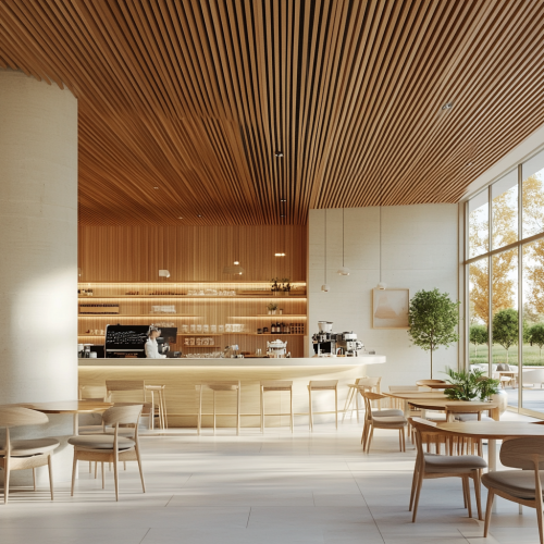 Cozy café in timber building with gallery vibe