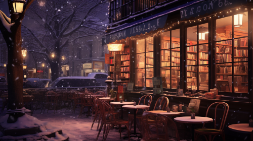 Cozy café with books, candles, snow, twinkling lights.