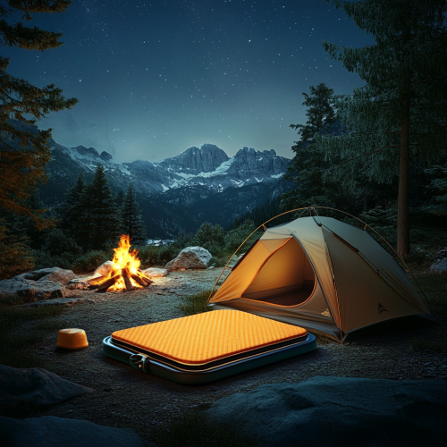 Cozy camping tent with electric mat and campfire