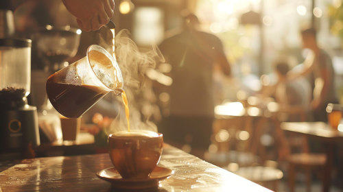 Cozy coffee shop, artisanal decor, creamy coffee pouring.