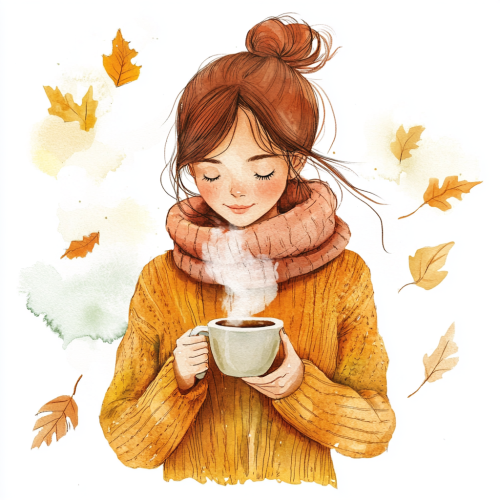 Cozy girl with coffee in fall setting painting.