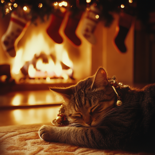Cozy holiday scene with cat near fireplace.