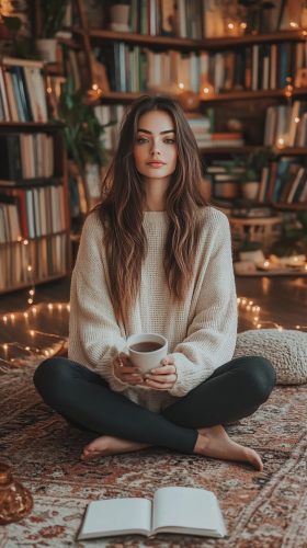 Cozy home office corner with woman surrounded by books