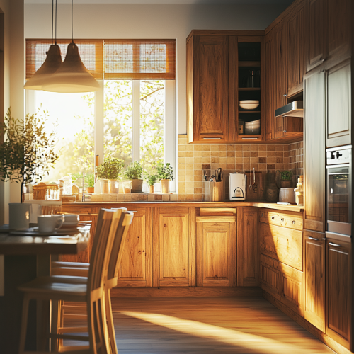 Cozy kitchen with wooden cabinets and breakfast nook