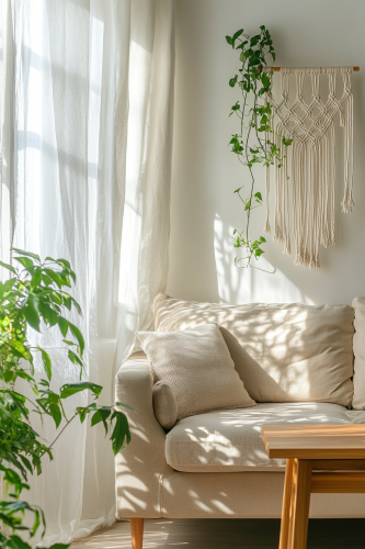 Cozy living room with beige sofa and plants