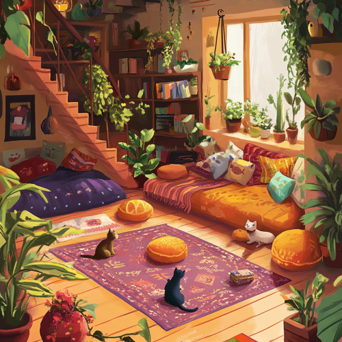 Cozy living room with colorful rugs, pillows, plants, cats.