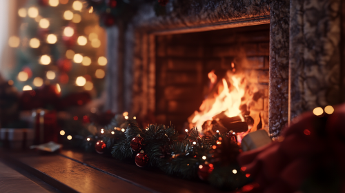 Cozy living room with fireplace and Christmas decorations Cozy living room with fireplace and Christmas decorations