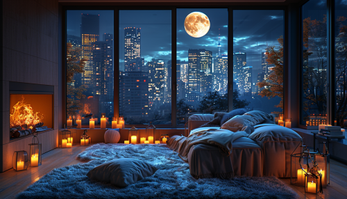 Cozy modern skyscraper apartment with fireplace and books