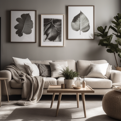 Cozy room with Nordic furniture, blank frames above sofa