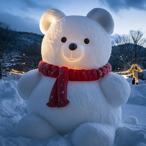 Cozy snow bear with red scarf in winter landscape