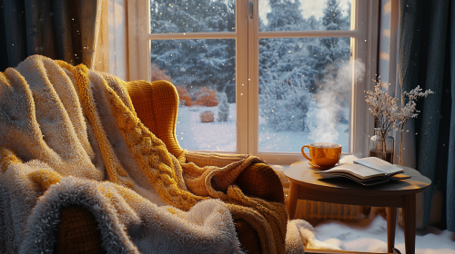 Cozy winter scene with armchair, blanket, and tea