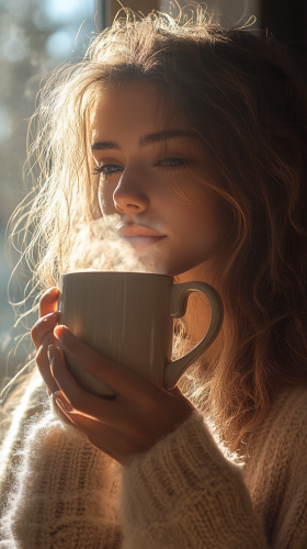 Cozy woman in cashmere sweater sips coffee at home