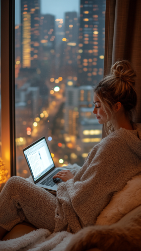 Cozy woman in window seat with laptop
