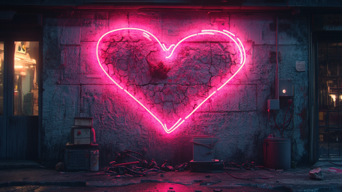 Cracked concrete wall with neon lights and snake graffiti.