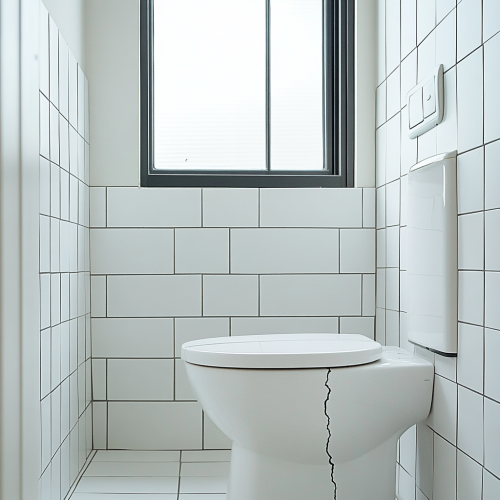 Cracked toilet tank in a simple white bathroom.