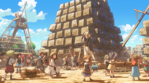 Craftsmen lift stones at pyramid construction site with Anku