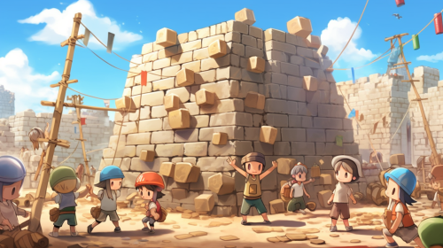 Craftsmen lifting stone blocks at sunny pyramid construction site